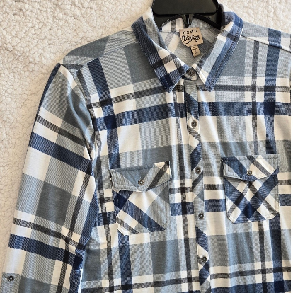Como Vtg Blue Plaid Button Down Shirt Womens L Roll Tab Sleeve Grunge Casual - Picture 4 of 9